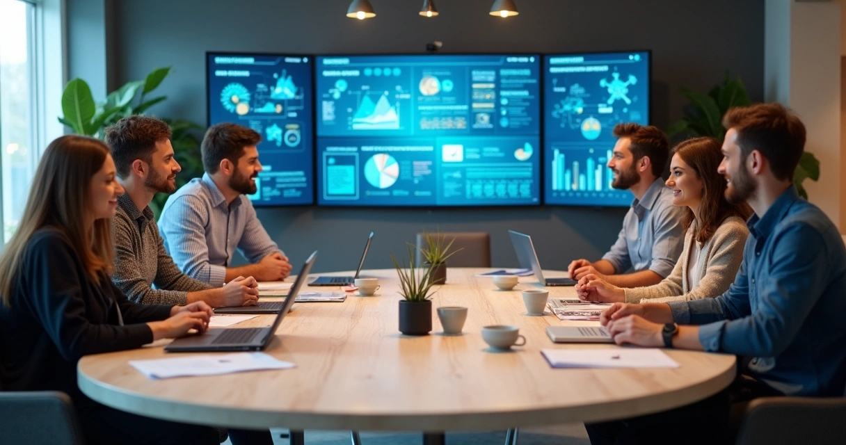 Equipe B2B analisa estratégias com dashboards de IA 
