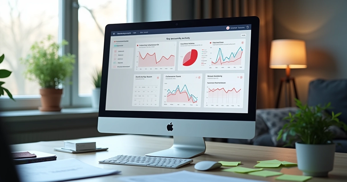Dashboard com indicadores de uso da conta caindo e alertas em destaque