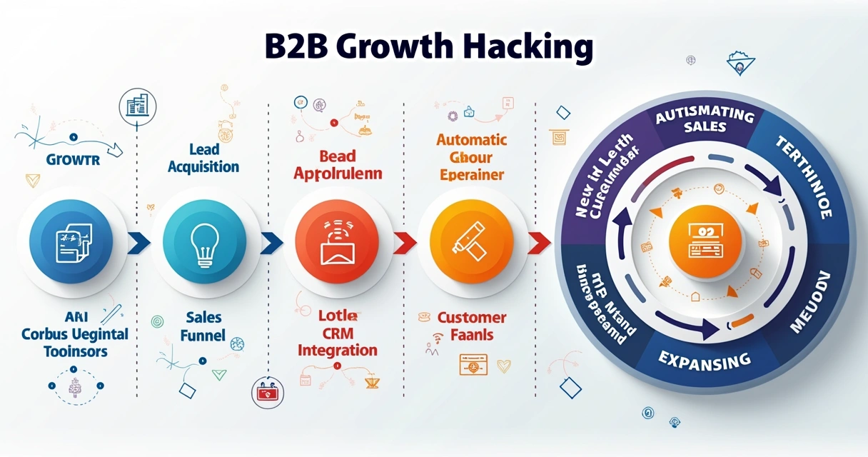 Fluxo ilustrativo de growth hacking B2B com etapas e integrações