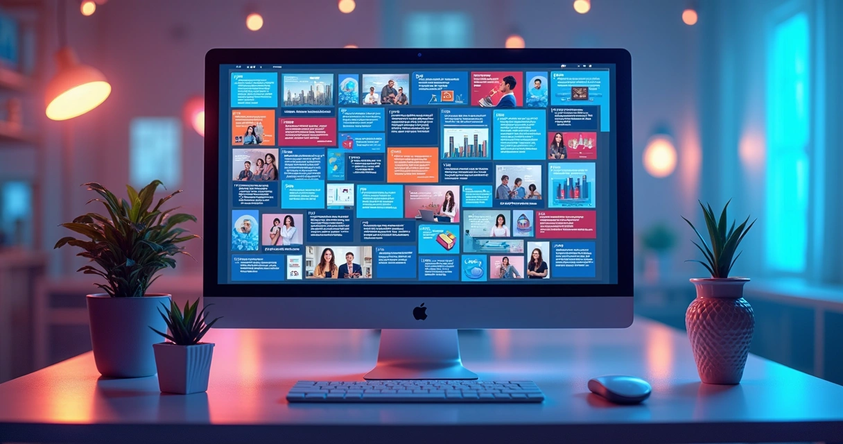 Mosaico de prints e gráficos em tela de computador B2B
