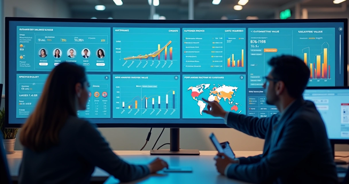 Dashboard digital exibindo gráficos de LTV automatizados no escritório de empresa