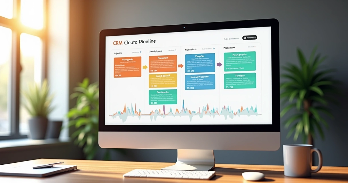 Tela visual de CRM mostrando cards de oportunidades de vendas em diferentes etapas
