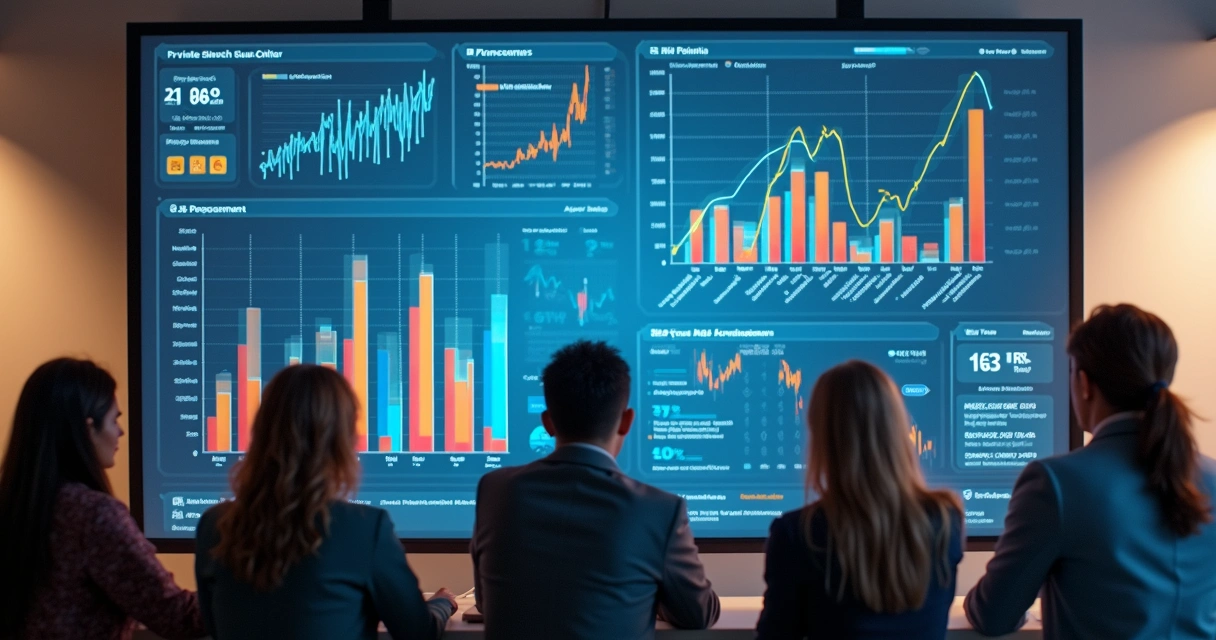 Equipe de vendas analisando dashboard B2B em tela grande 