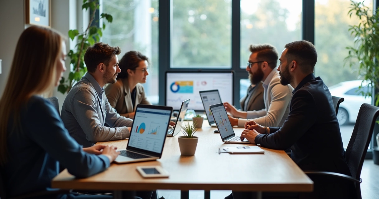 Equipe de vendas reunida ao redor de uma mesa olhando telas de CRM 