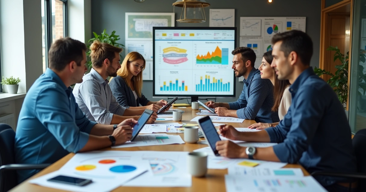 Equipe de vendas analisando dados em plataformas digitais