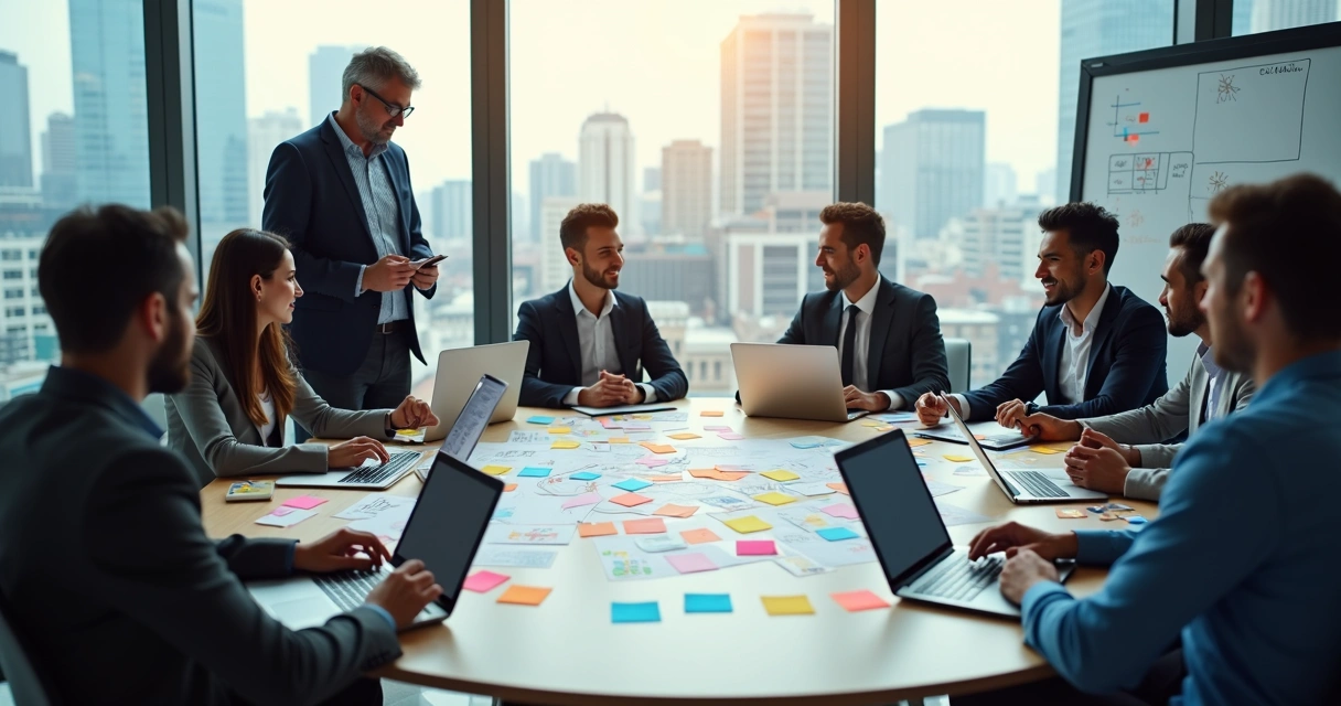 Equipe de negócios B2B reunida em mesa redonda trabalhando em brainstorm