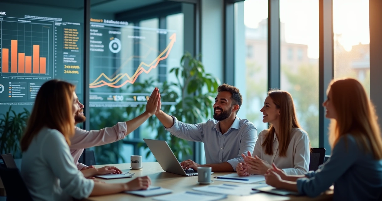 Equipe comemorando resultados de vendas em ambiente moderno