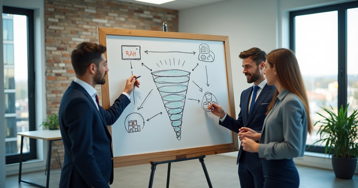 Equipe desenhando funil omnichannel em quadro branco 