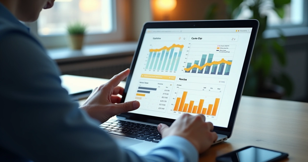 Dashboard de ROI de projeto de IA generativa com gráficos em um notebook 