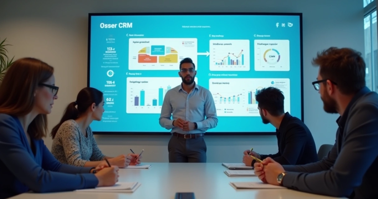 Treinamento prático de equipe no CRM, tela projetada na parede 
