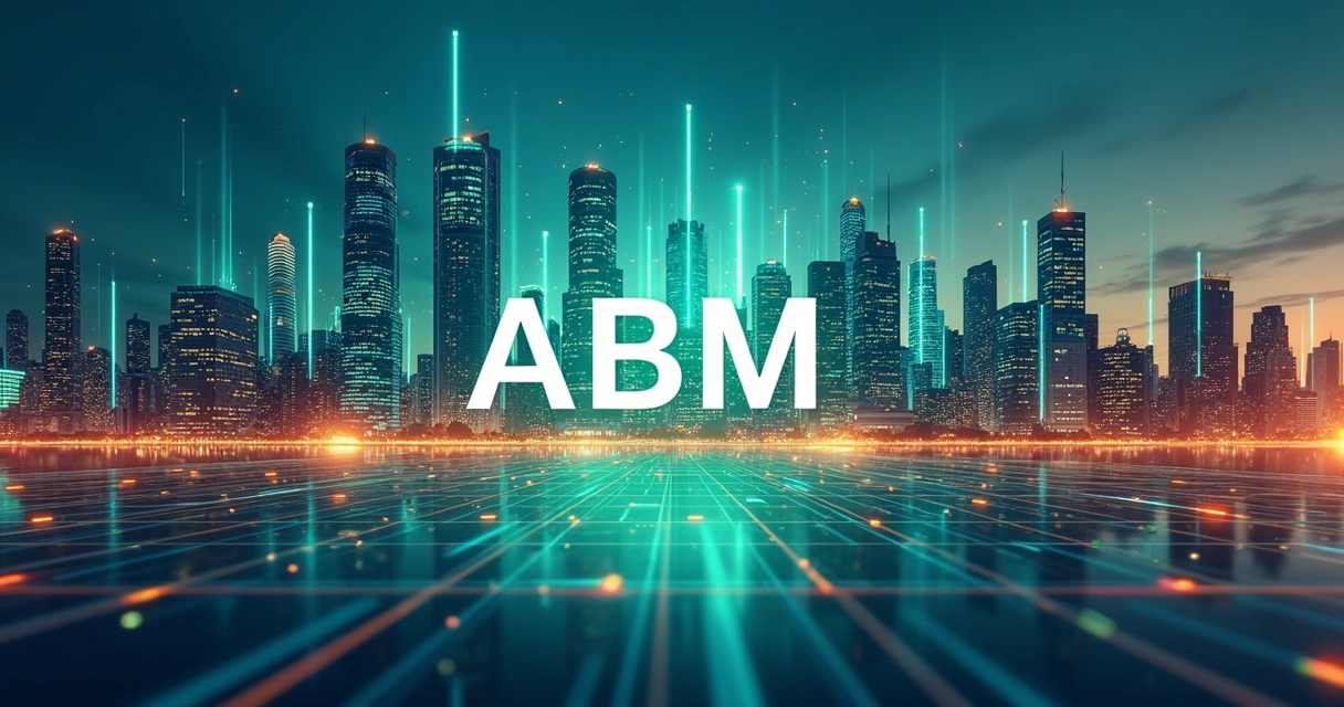 Ilustração colorida mostrando gráficos de crescimento ao redor do termo ABM e empresas B2B conectadas