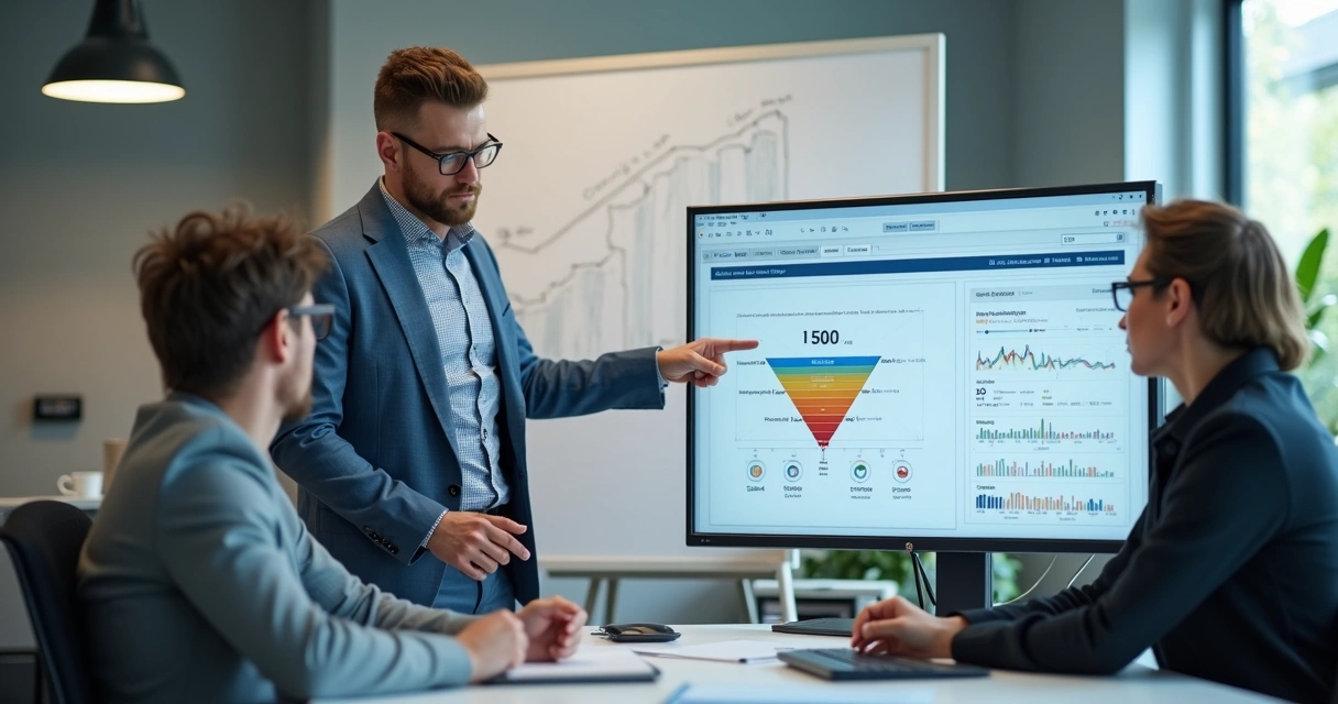 Equipe de vendas analisando dados em telas de CRM, funil desenhado numa lousa ao fundo 