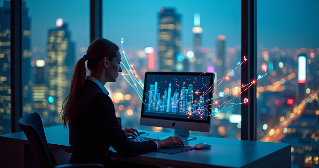 Ilustração de um consultor disparando campanha digital para várias empresas ao mesmo tempo, múltiplos prédios conectados