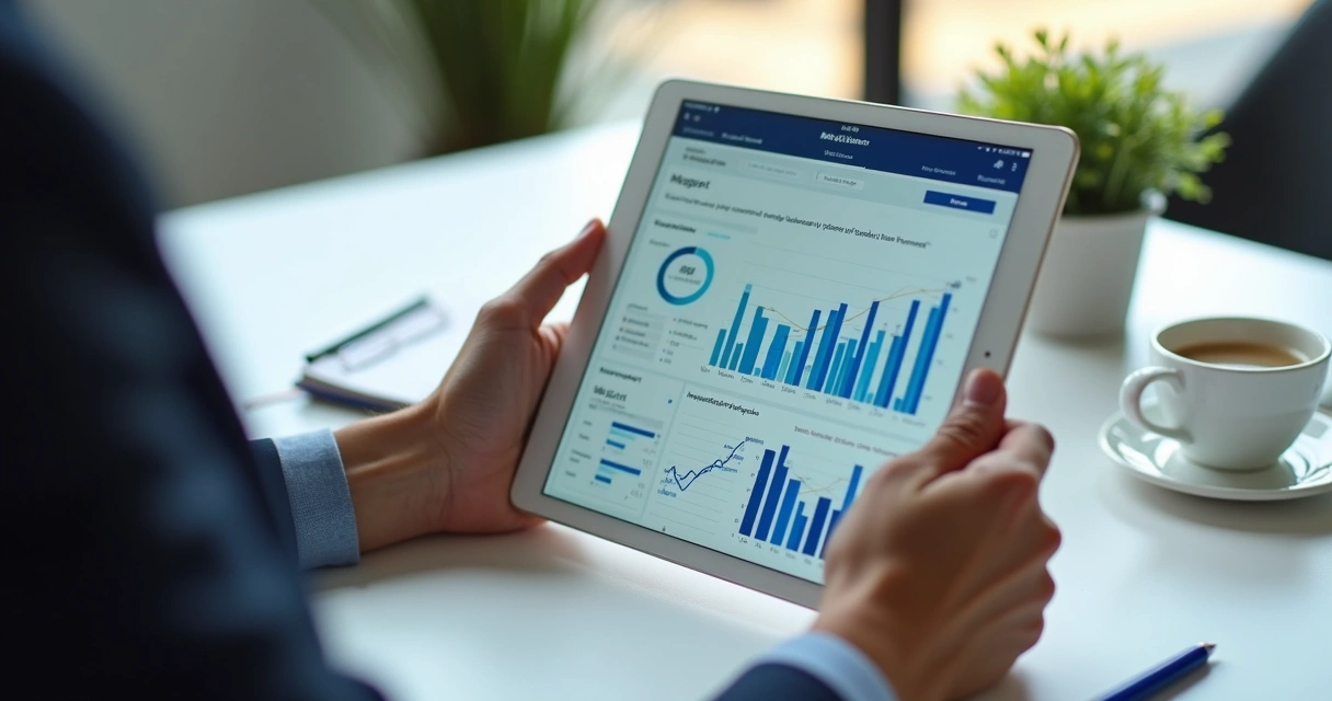 Gráfico de métricas de vendas B2B com IA em tela de tablet 