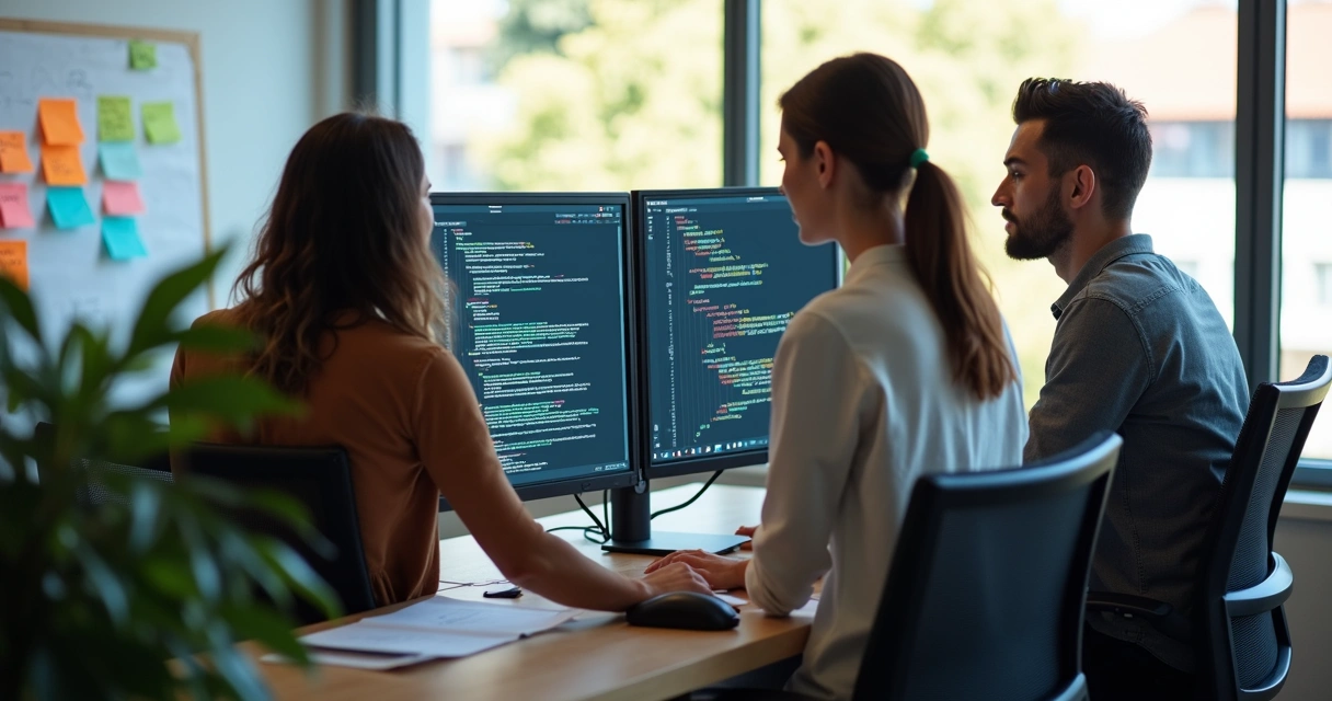 Equipe de desenvolvimento programando site em várias telas