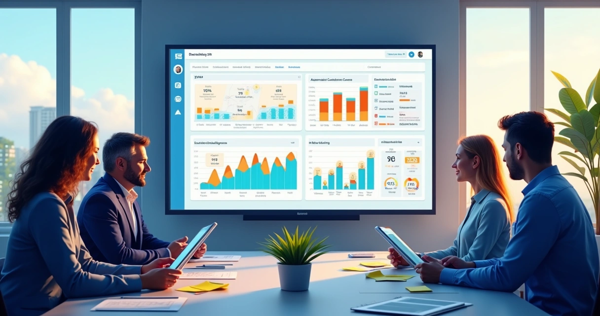 Painel de integração de CRM e automação em tela grande com gráficos de vendas 