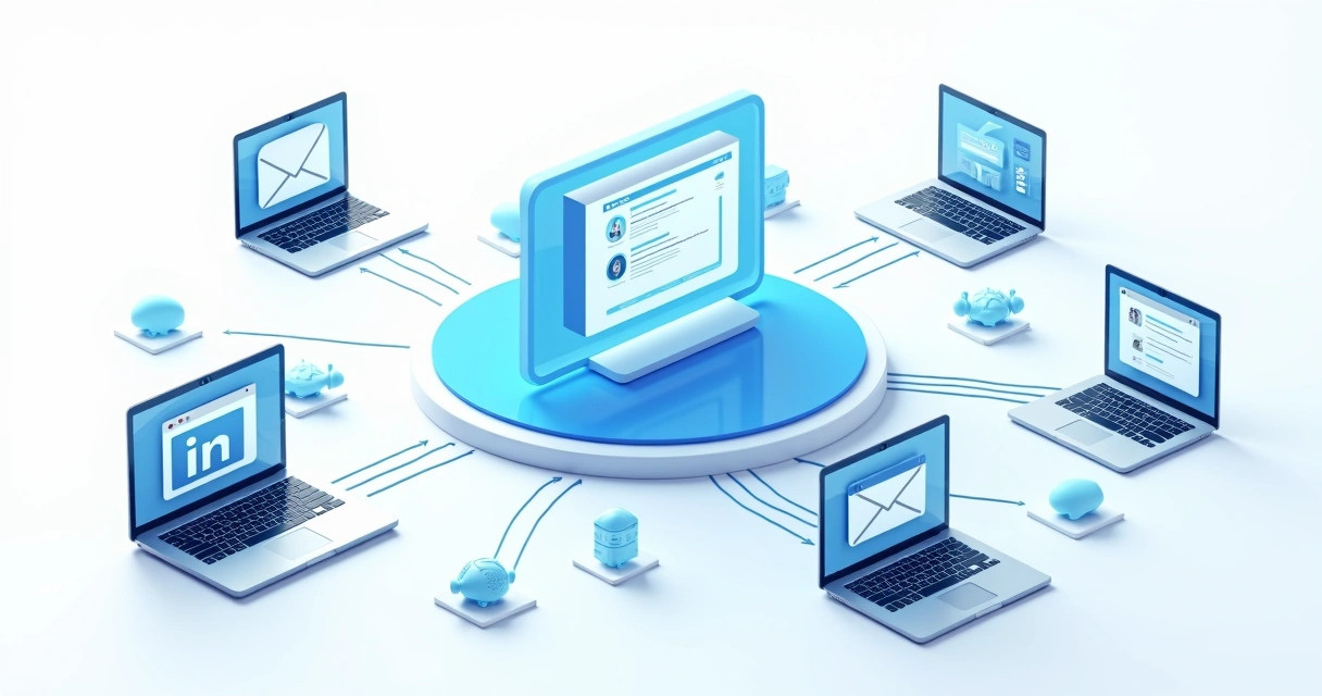 Ilustração de múltiplos canais digitais interagindo em vendas B2B 