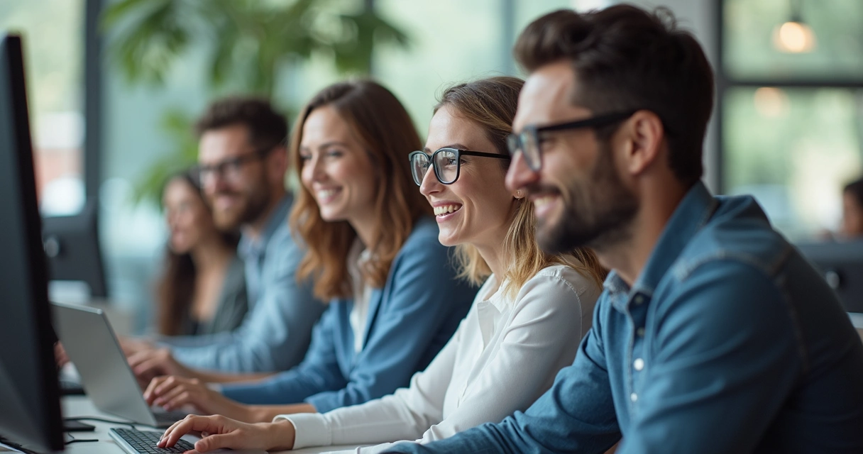 Equipe de pessoas de negócios felizes usando IA em computadores 