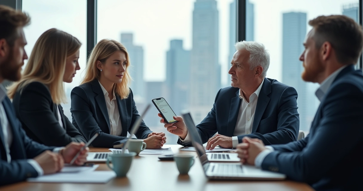 Grupo de executivos conversando em mesa com notebooks e papéis
