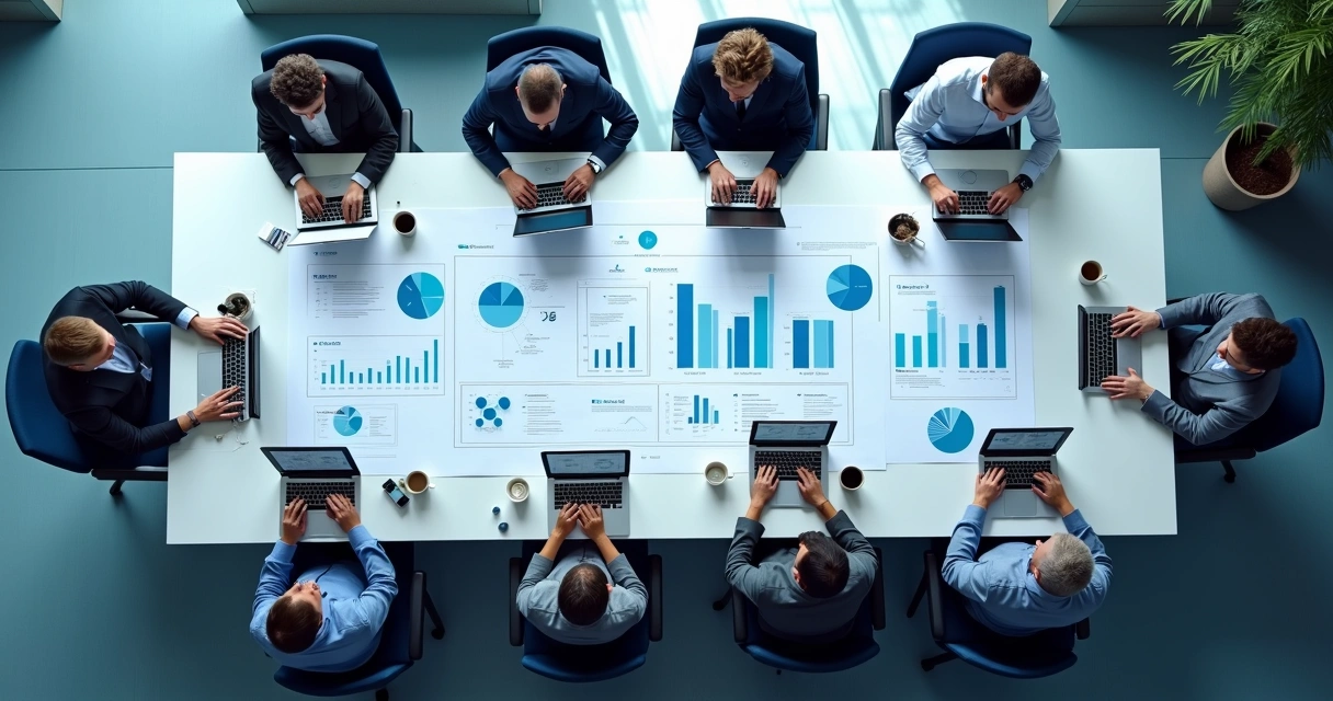 Equipe digital trabalhando em site B2B com dashboard de integrações e gráficos