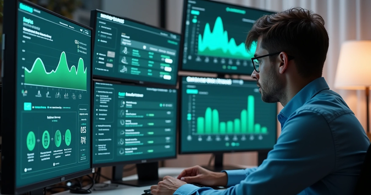 Profissional analisa dashboard de IA com conversas do WhatsApp em múltiplas telas 