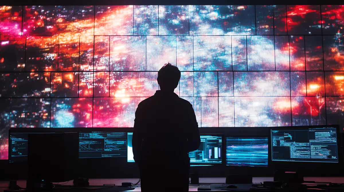 A man stands in a darkened control room with a large monitor displaying a digital abstract graphic and several computer screens showing lines of code