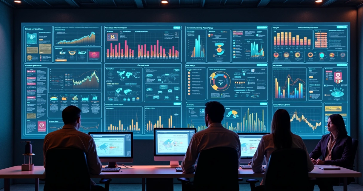 Painel digital mostrando monitoramento em tempo real de processos de backup, gráficos coloridos e alertas de status 