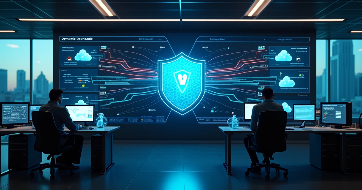 Painel de firewall protegendo rede corporativa moderna com nuvens e escritórios conectados 