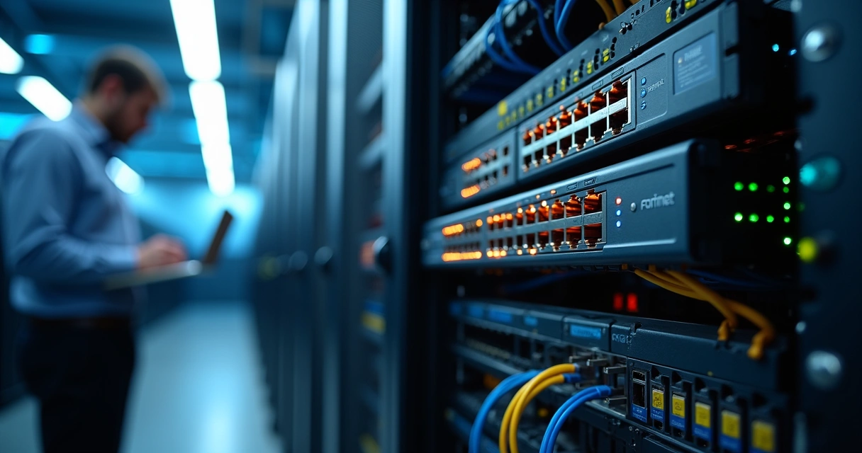 Switch gerenciável Fortinet FS 448E em rack de datacenter corporativo