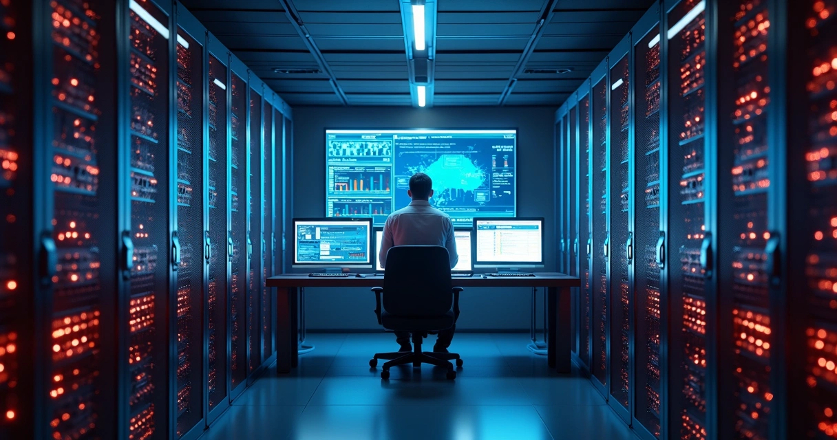 Ambiente de datacenter com firewall FortiGate instalado e monitores exibindo gráficos de segurança 
