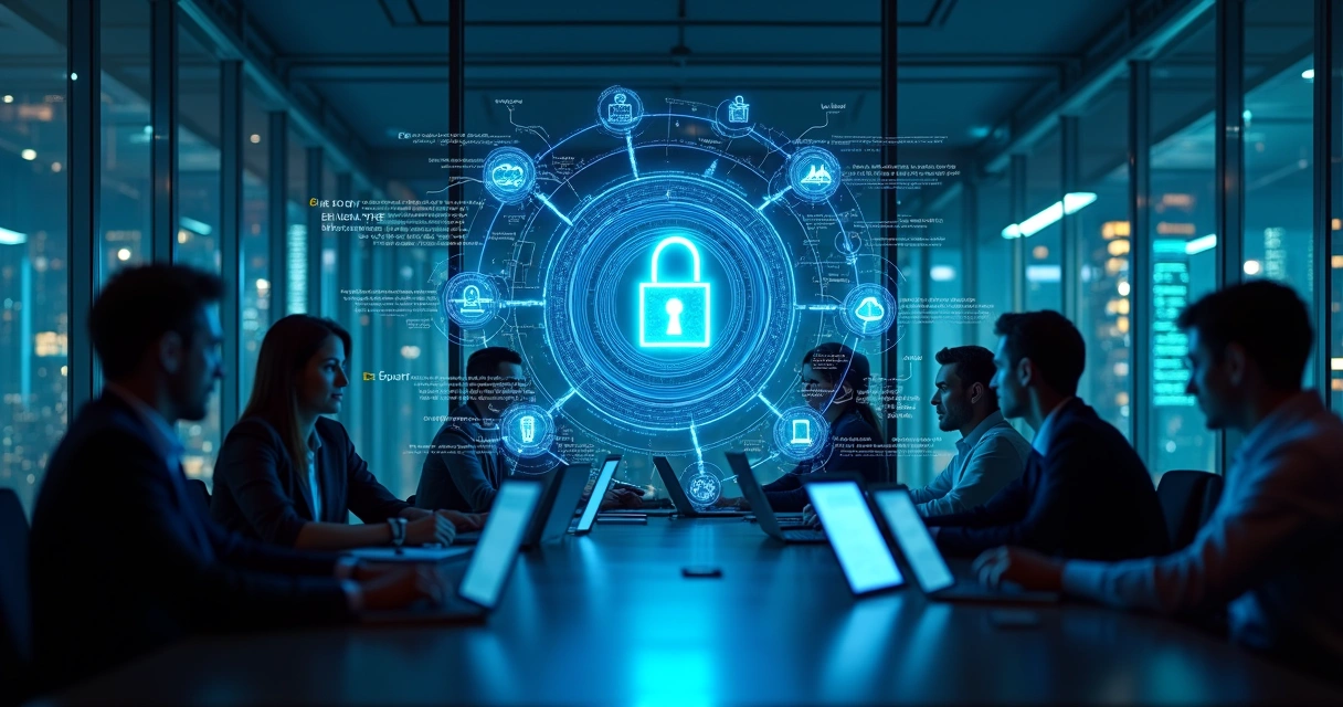 Painel de segurança cibernética com cadeado digital e rede corporativa em nuvem 