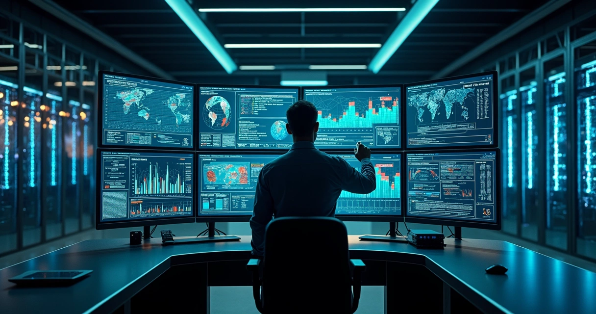 Painel de controle de segurança de rede corporativa com firewall e dashboard de monitoramento