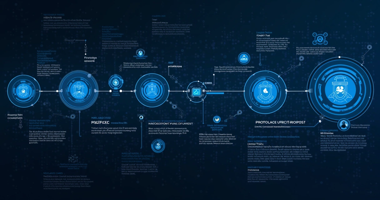 Representação visual de um ciclo de ataque cibernético com diferentes etapas e setas conectando-as 