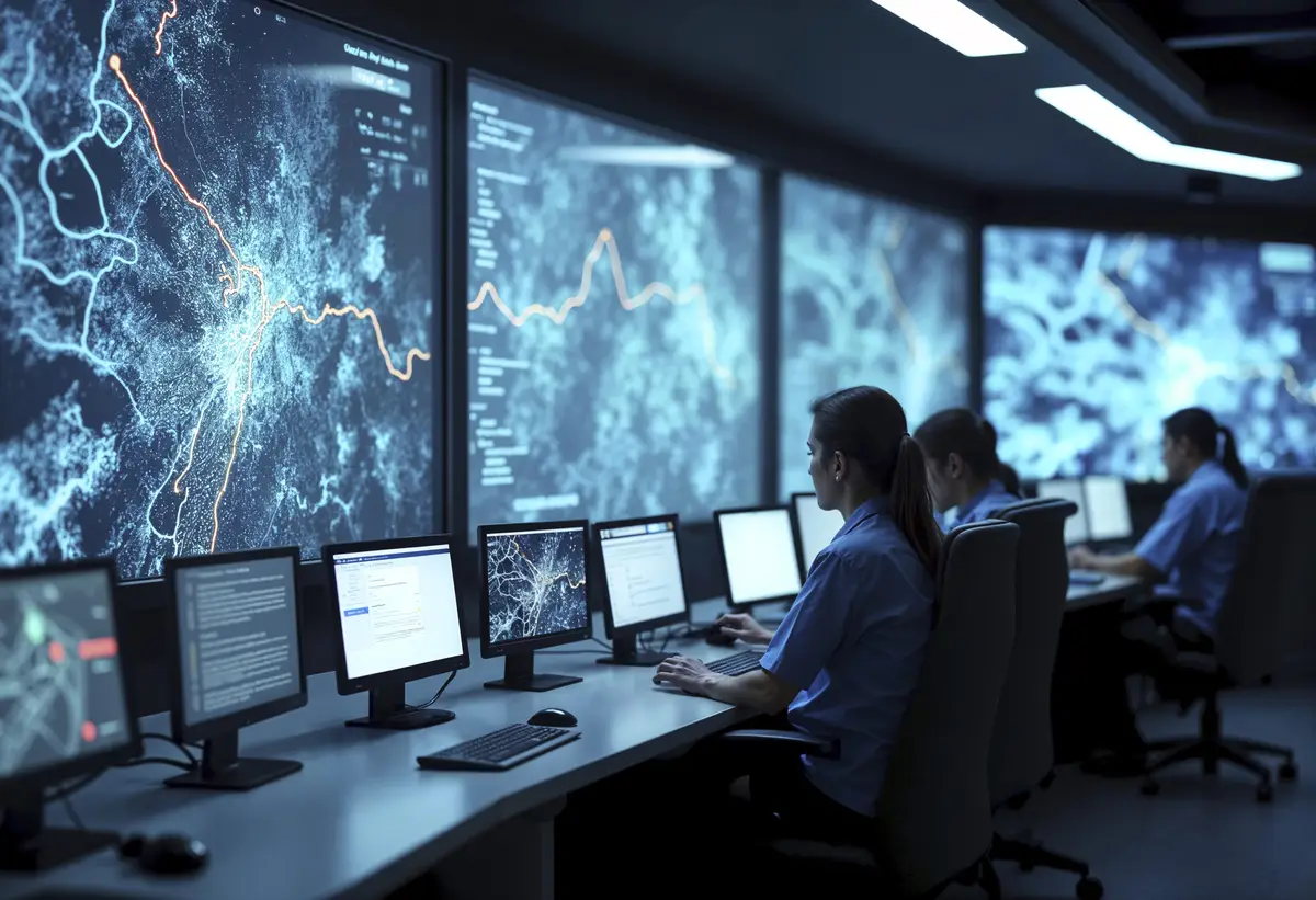 Profissionais de segurança cibernética monitorando telas com mapas digitais e gráficos em sala escura
