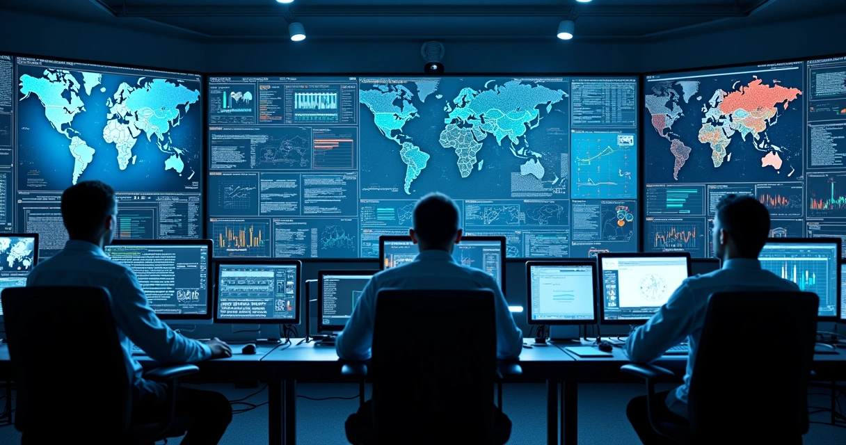Central de operações de segurança com profissionais monitorando várias telas de ameaças digitais. 