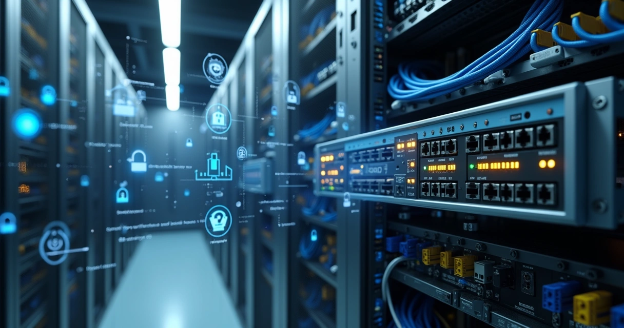 Firewall corporativo em rack com painel de rede em data center moderno