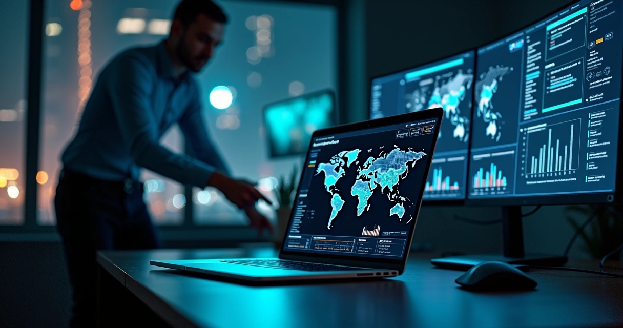 Dashboard de segurança SentinelOne exibido em notebook sobre mesa de escritório moderno 