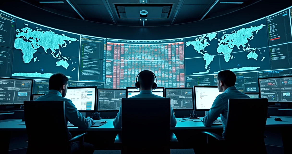 Painel de cibersegurança com matriz MITRE ATT&CK em destaque em uma sala de controle moderna