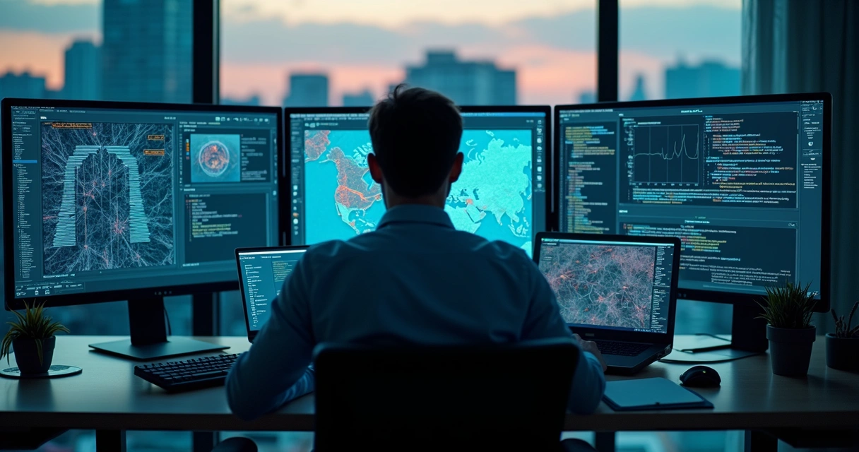 Profissional analisando vulnerabilidades em uma rede corporativa, com múltiplos monitores exibindo mapas e gráficos de ameaças 