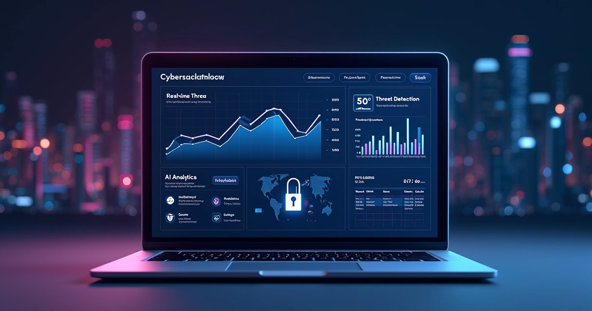 Interface de cibersegurança com gráficos sobrepostos em laptop 
