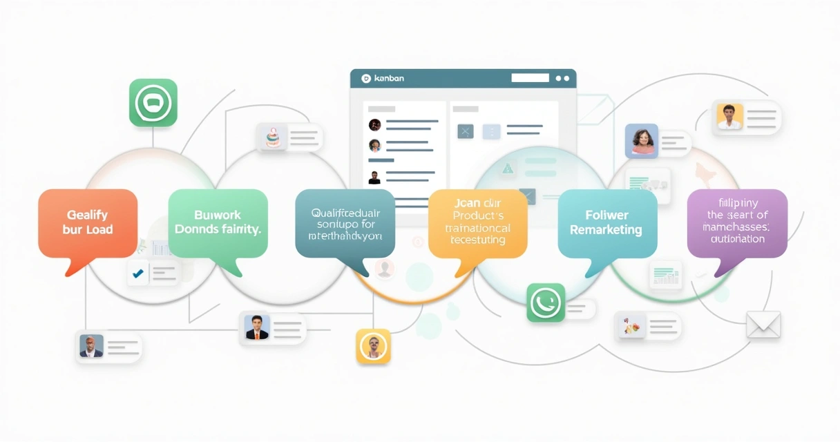 Fluxo automatizado de vendas representado por mensagens em WhatsApp, etapas coloridas de um funil, integração com CRM visível ao fundo 
