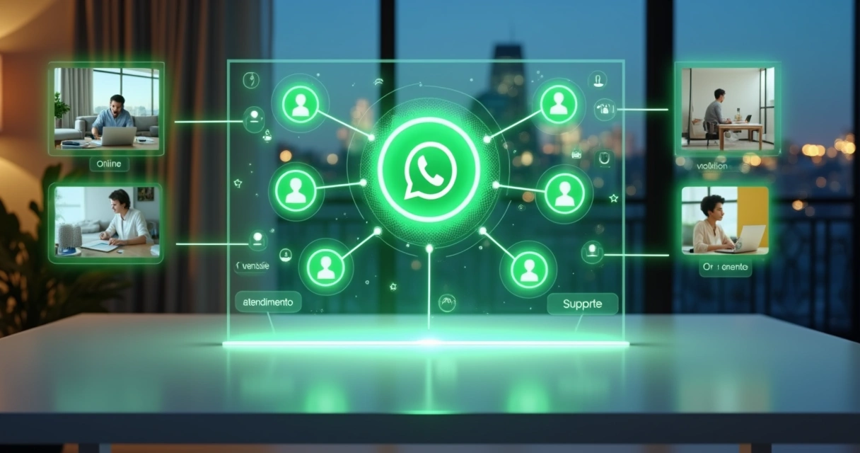 Equipe remota conectada por WhatsApp em painel digital central de acessos 