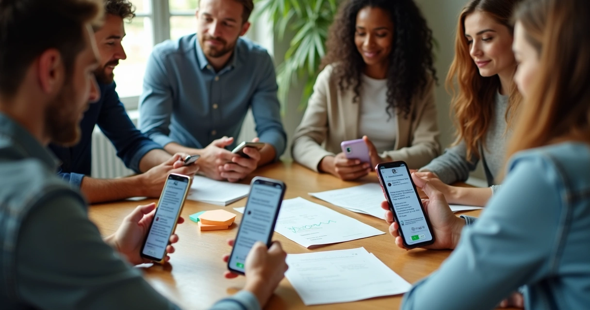 Equipe de atendimento usando muitos celulares ao redor de uma mesa redonda 