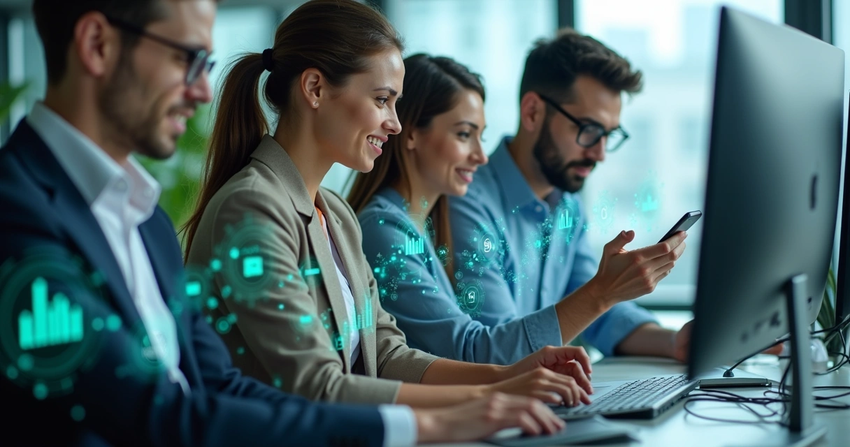 Equipe atendendo clientes usando WhatsApp no computador e celulares, com gráficos no fundo