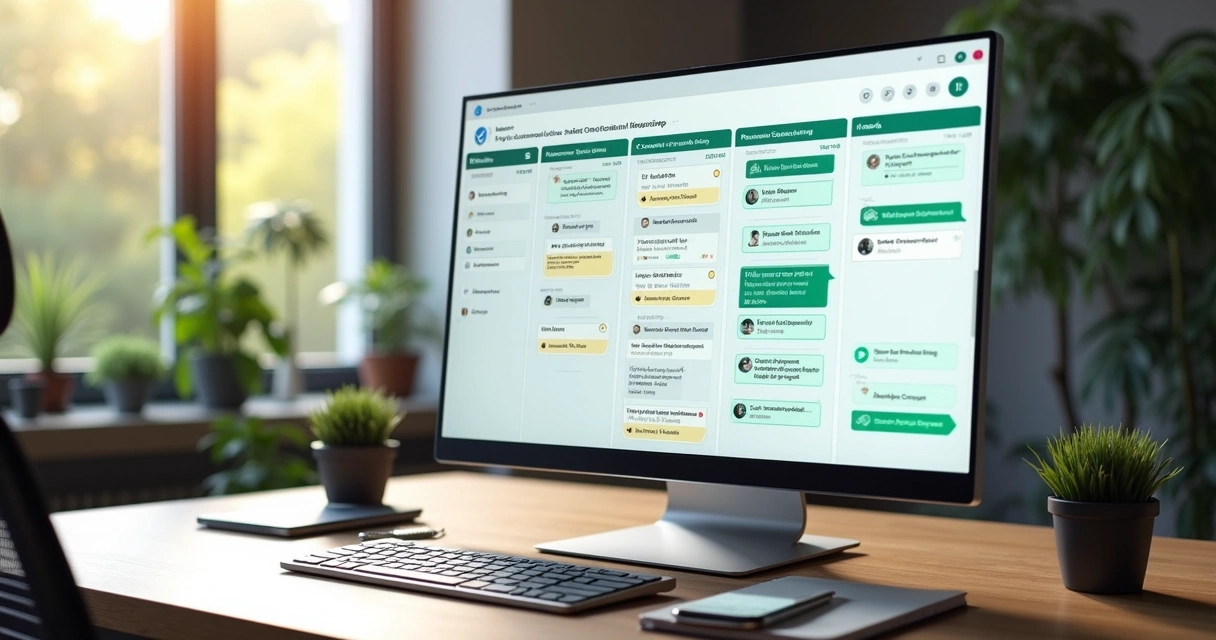 Tela de computador mostrando painel CRM Kanban integrado com atendimento e vendas no WhatsApp em ambiente de escritório moderno 