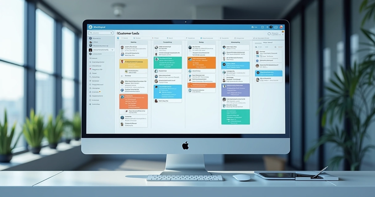 Painel Kanban com cards coloridos ligados a conversas de WhatsApp 