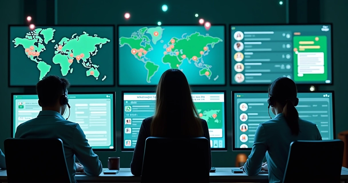 Equipe utilizando múltiplos números do WhatsApp em grande painel de controle