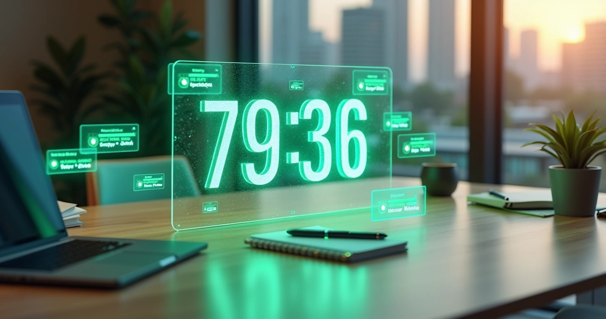 Relógio digital projetado em mesa de trabalho ao lado de ícones de mensagens 