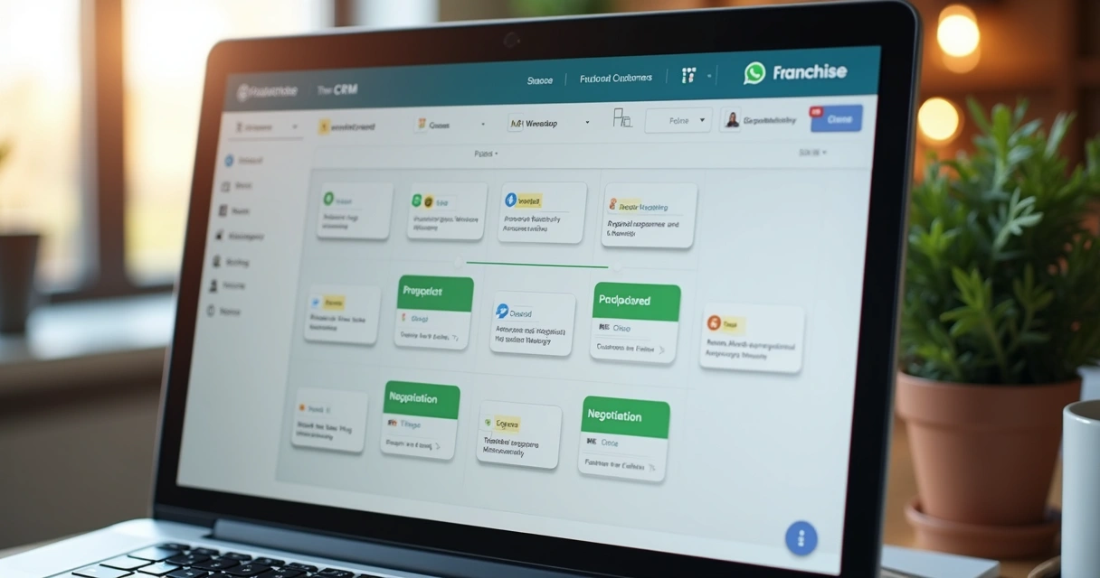 Tela de CRM Kanban mostrando etapas das vendas na franquia 