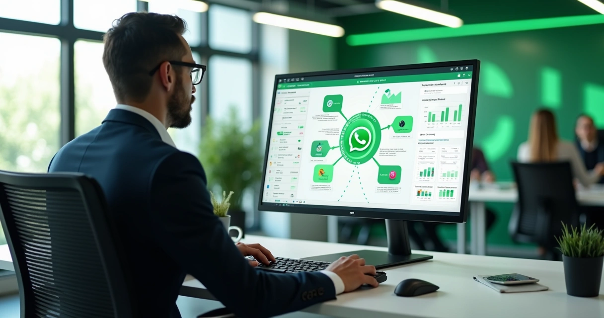 Gestor analisando jornada do cliente em painel com funil e ícones do WhatsApp 